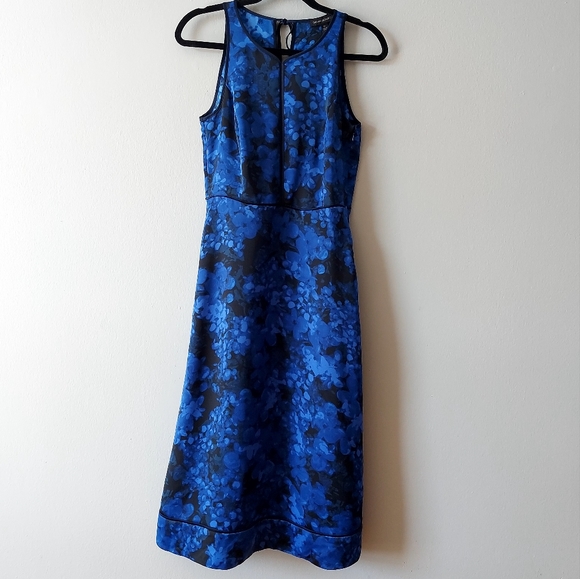 Banana Republic Sleeveless Dress Floral Print Midi Fit Flare Blue Women's Size 0 - Picture 3 of 12